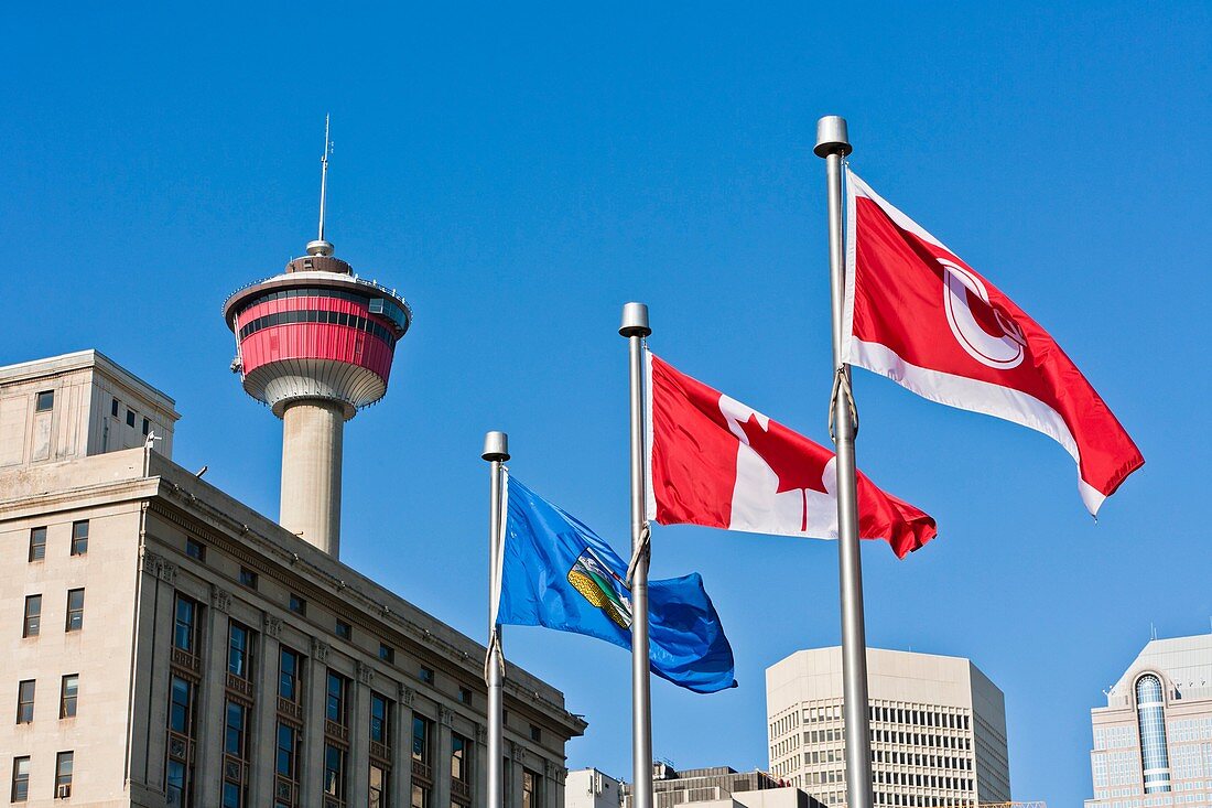 Calgary tower and national flags in Calgary, Alberta, Canada
