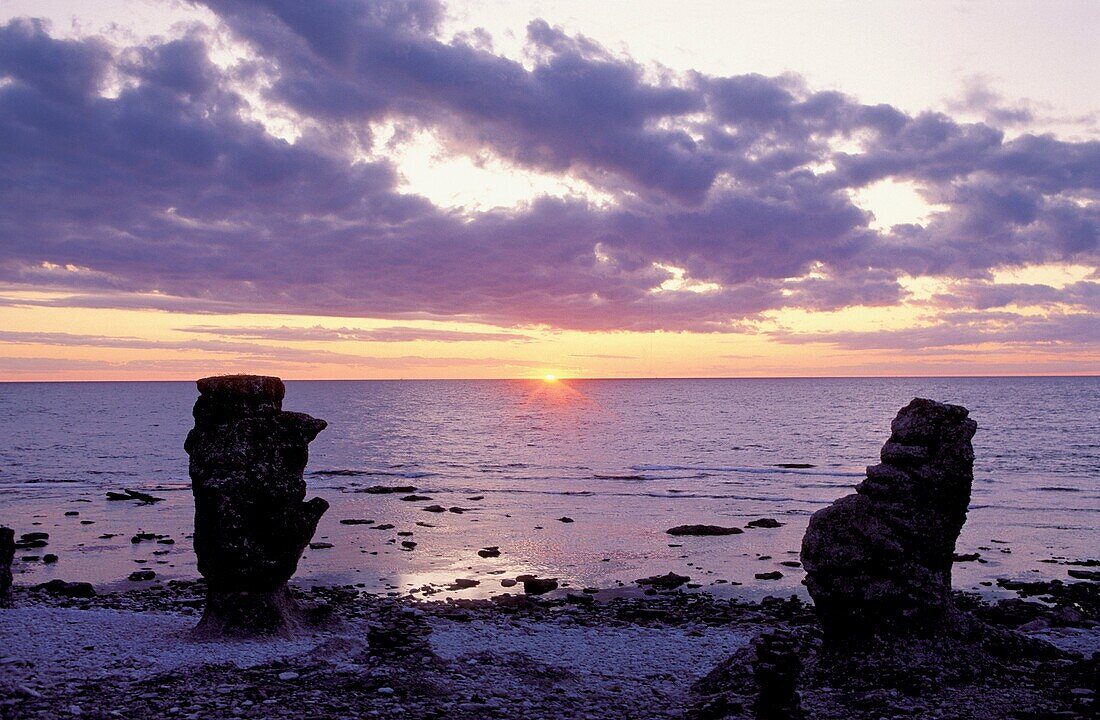 Sweden, Gotland, Faro Island, Raukar Limestone formations