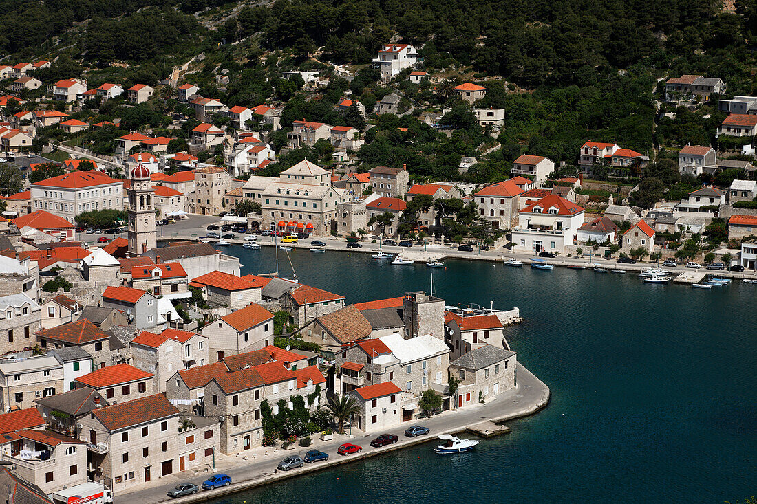 High angle view of Pucisca with harbor, Pucisca, Brac, Split-Dalmatia, Croatia