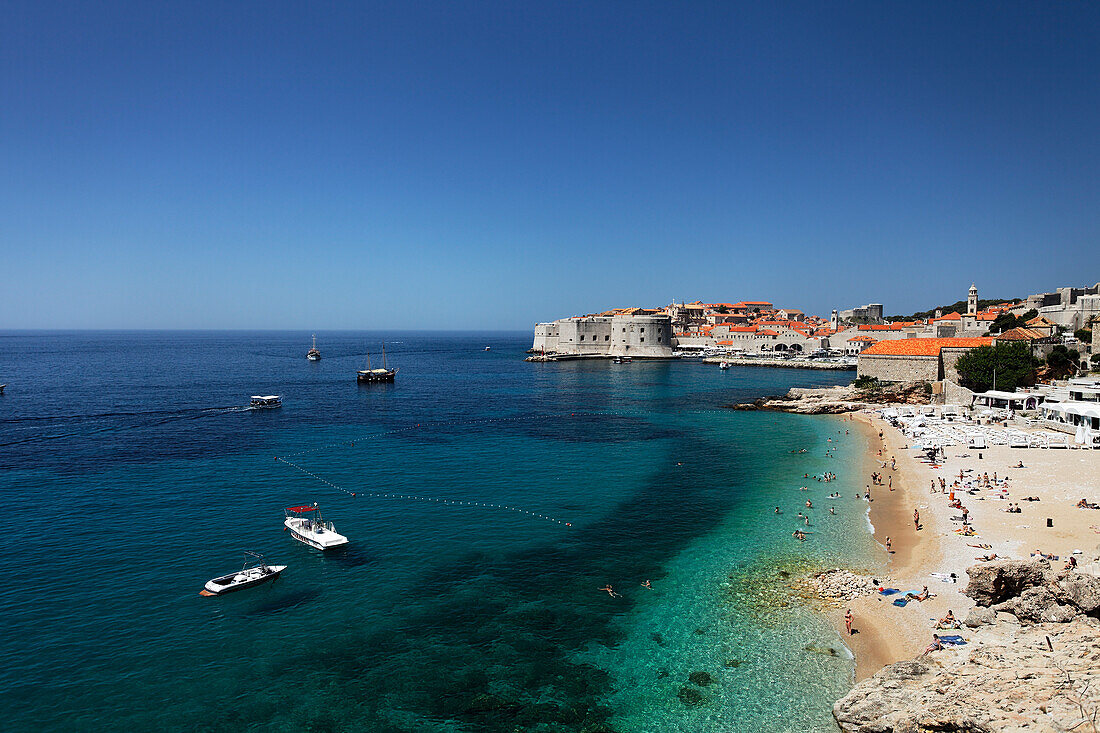 Bathing beach with Eastwest Beach Club, Dubrovnik, Dubrovnik-Neretva county, Dalmatia, Croatia