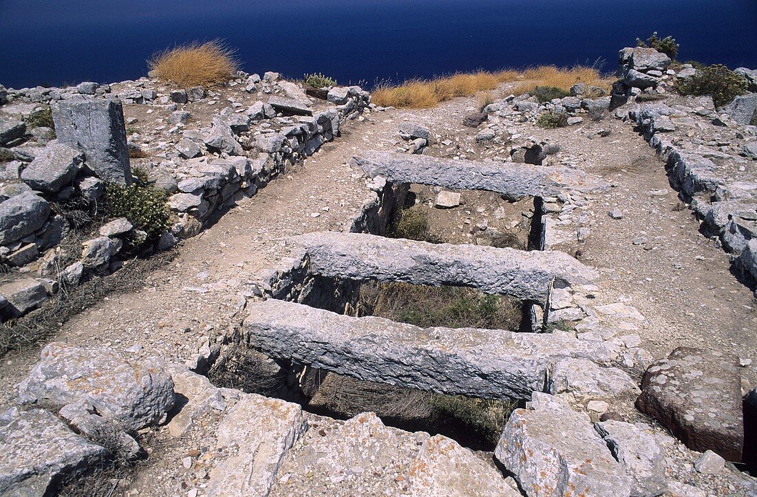 Archeologic site of Thera Minoan art Santorini island Thira Island Greek Islands Greece