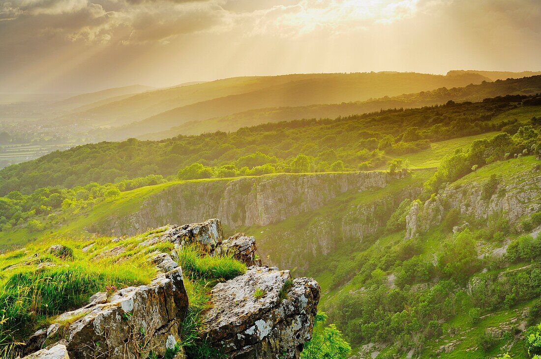 View of Cheddar Gorge on the edge of the Mendip Hills in Somerset, England, United Kingdom