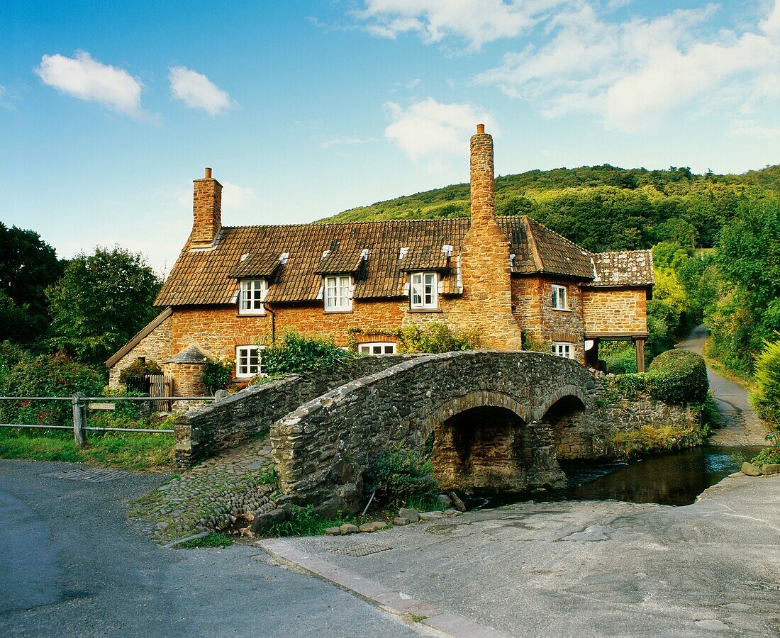 The old packhorse bridge at the village of Allerford in the Exmoor National Park, Somerset, England
