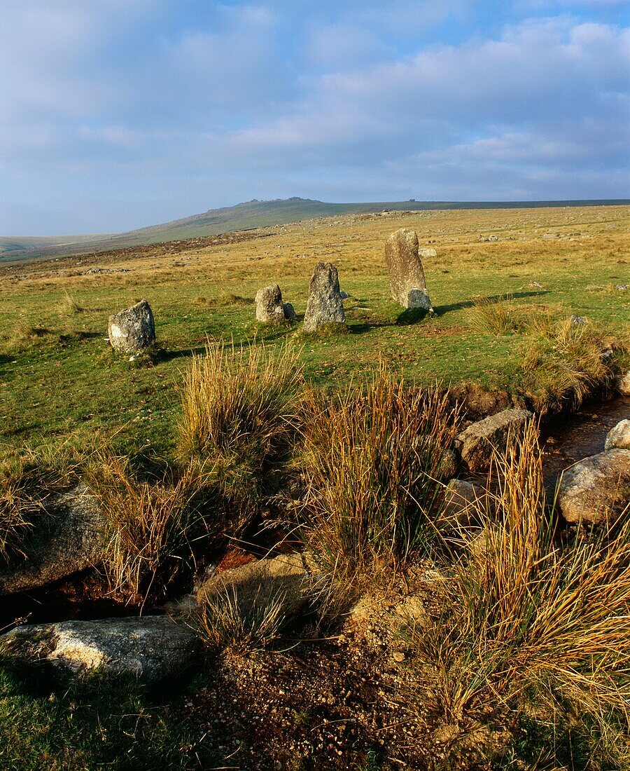 Merrivale Stone Rows on Dartmoor with Great Mis Tor on the horizon, Devon, England, United Kingdom