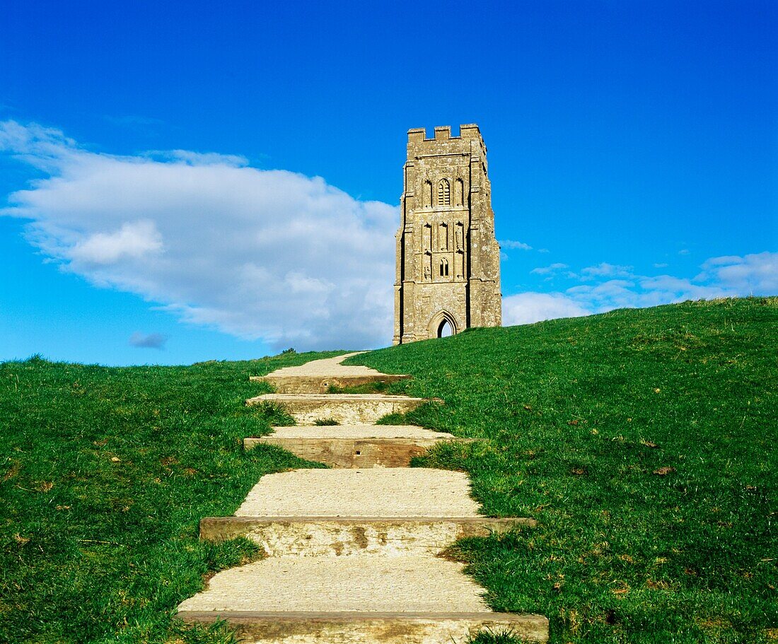 Pathway leading up to St Michaels Tower on the top of Glastonbury Tor, Somerset, England, United Kingdom