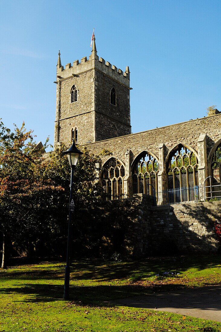 The ruin of St Peter's Church in Castle Park, Bristol, England, United Kingdom