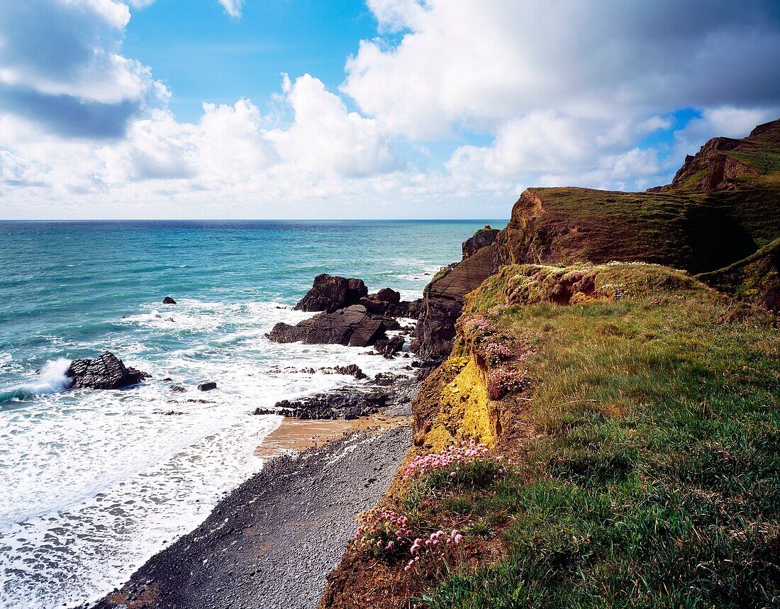 The cliffs overlooking Sandymouth on the North Cornwall Coast near Bude, England, United Kingdom