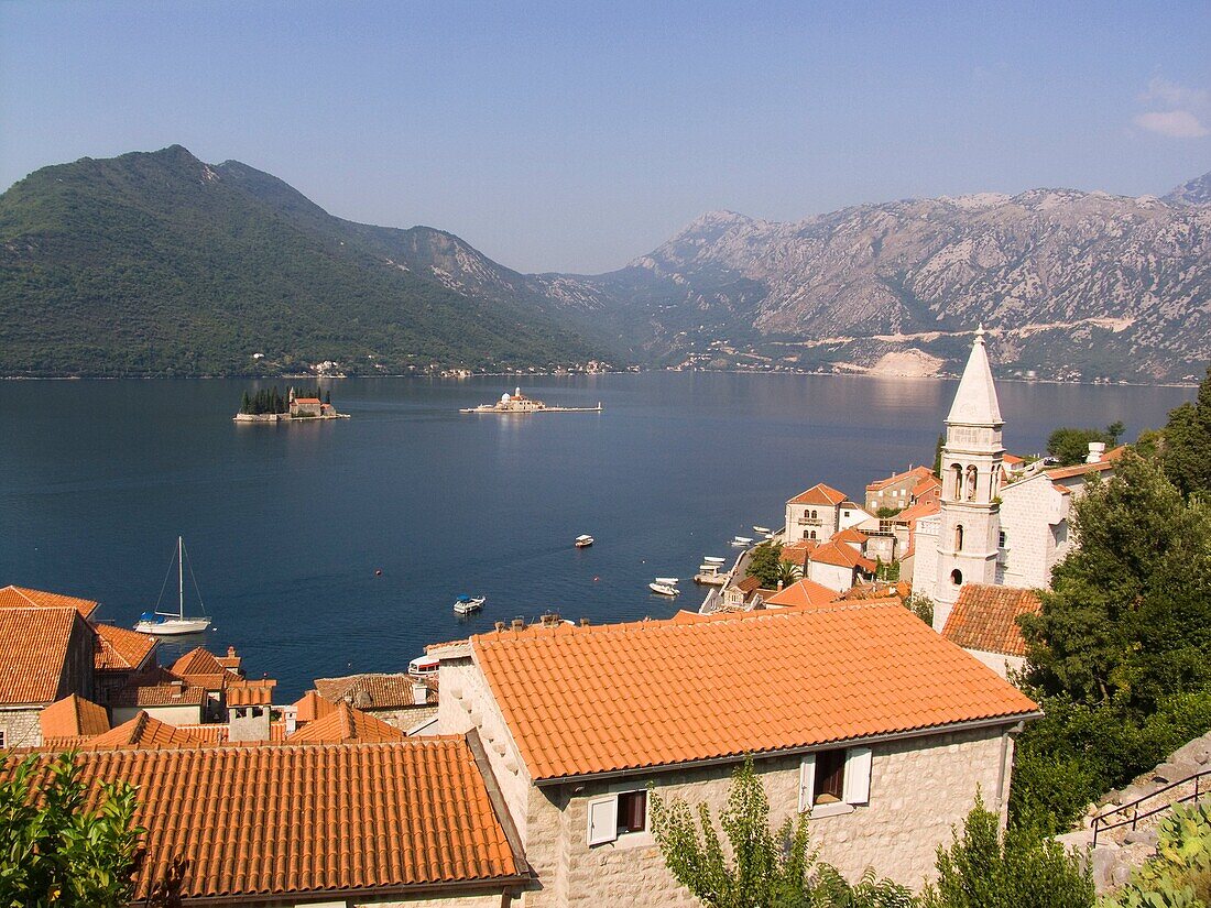 europe, montenegro, perast with the island of our lady of the rock and st george island