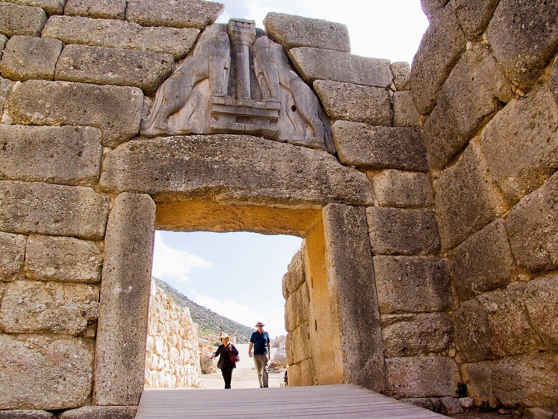 europe, greece, peloponnese, ancient mycenae, archaeological area, gate of the lions