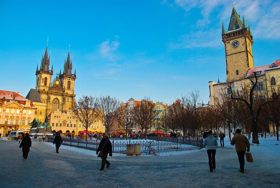 Old Town Square winter with Tyn cathedral and old town hall Prague Czech Republic Europe
