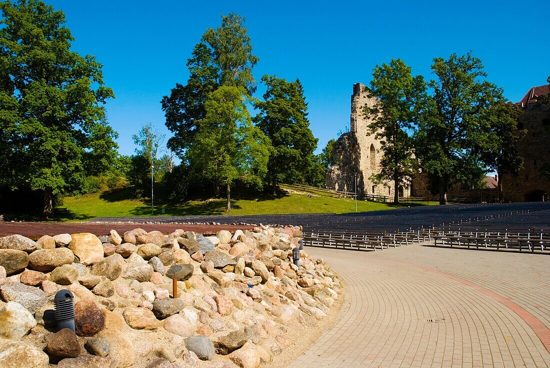 Stage next to castle ruins in Sigulda Latvia Europe