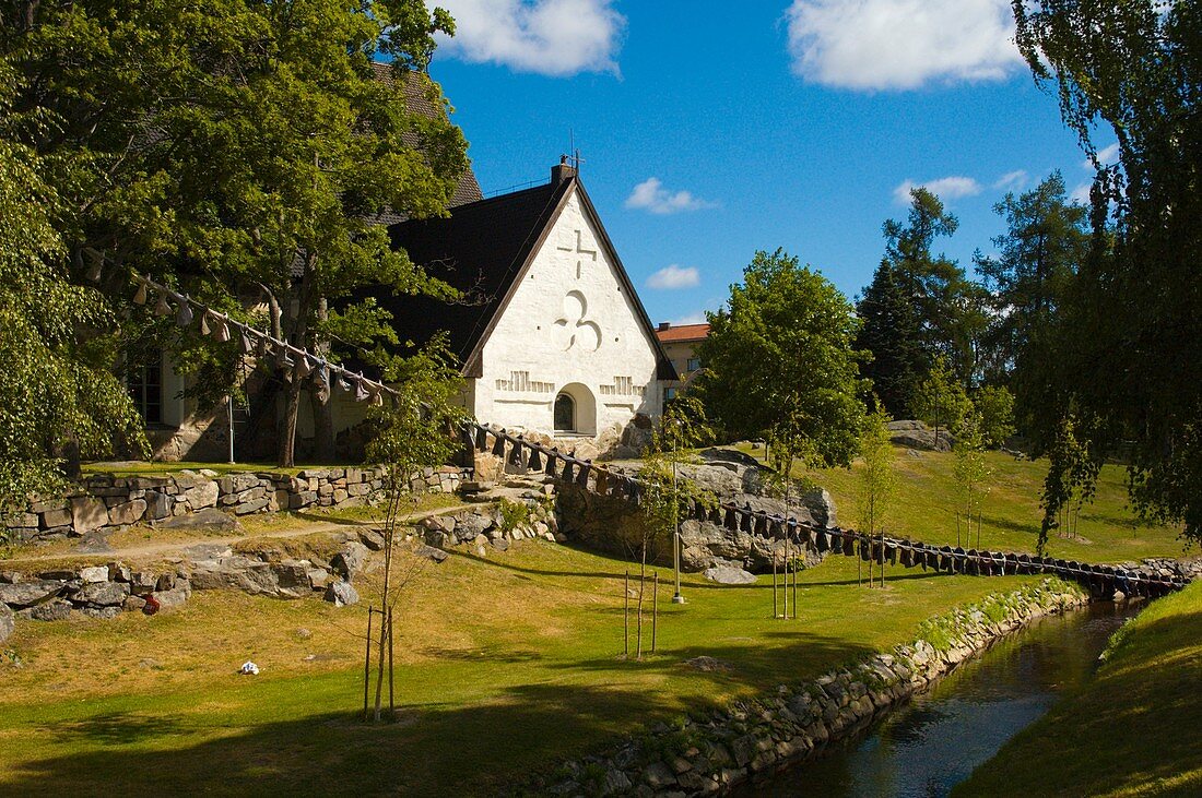 Pyhän Ristin Kirkko the Church of Holy Cross with art installation outside Rauma Finland Europe