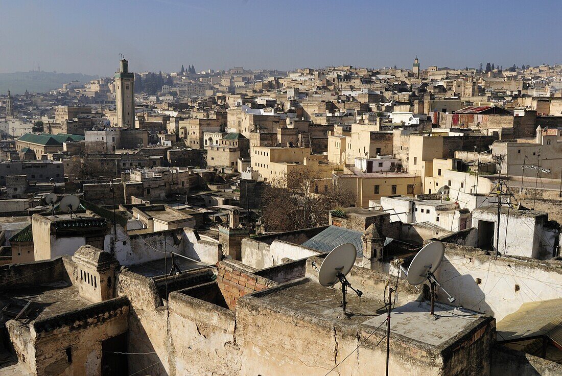 View of Fez Medina from a roof terrace near Place-as Seffarine, Fez, Morocco, North Africa