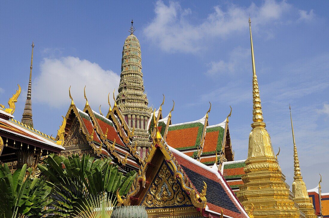 Detail of Roofs and Golden Chedi, Wat Phra Kaew, Grand Palace, Bangkok, Thailand