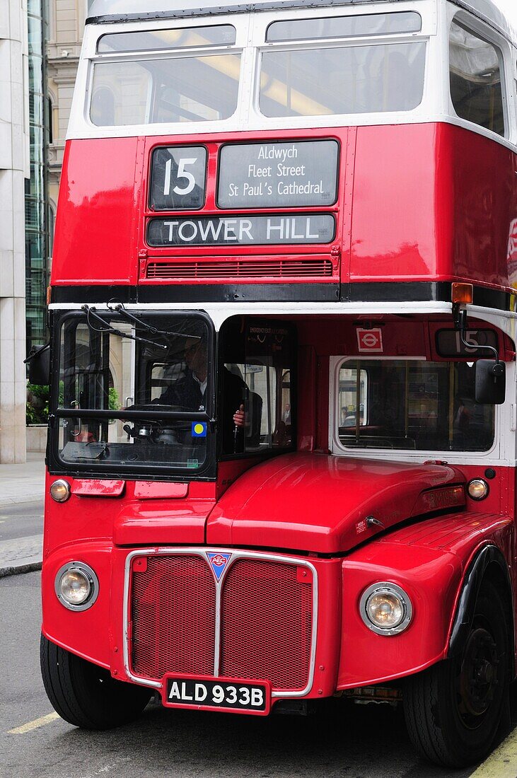 An old Routemaster Bus on heritage route 15 between Trafalgar Square and Tower Hill, London, England, UK