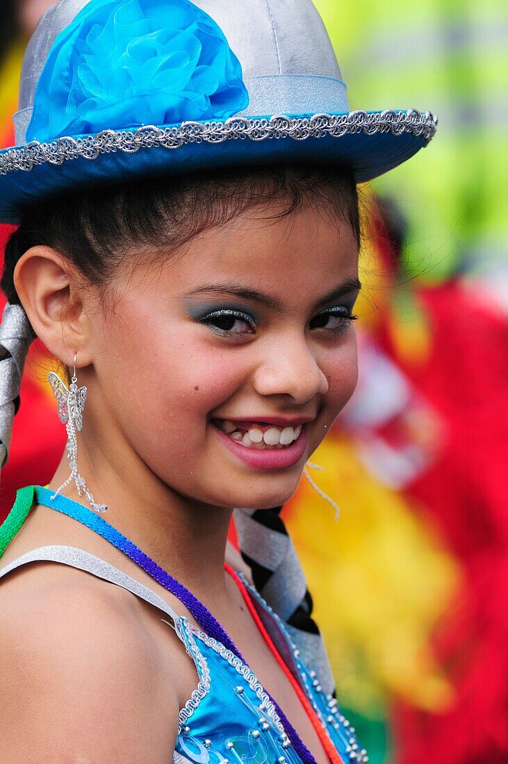 Portrait of a girl dancer at the Carnaval del Pueblo Latin American Festival, London, England, UK