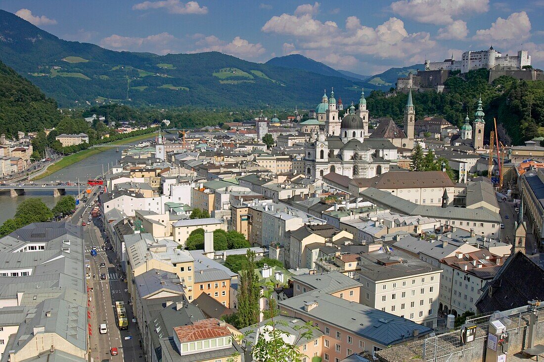 View from Monchsberg hill over the old town of Salzburg, Austria