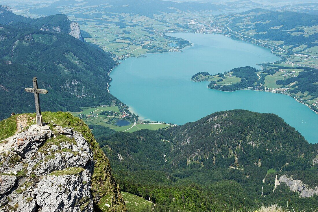 Aerial view from the top of Schafberg mountain over Mondsee lake Salzkammergut, Austria