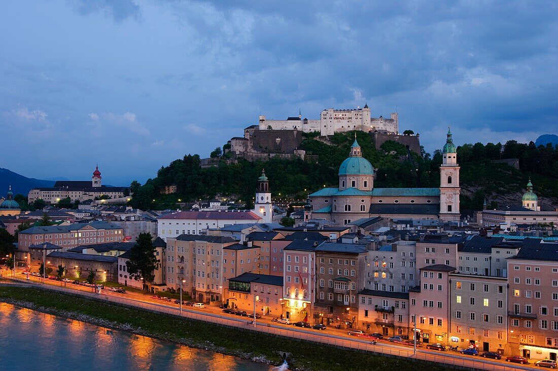 View from Kapuzinerberg mountain towards the old town of Salzburg at dusk Austria