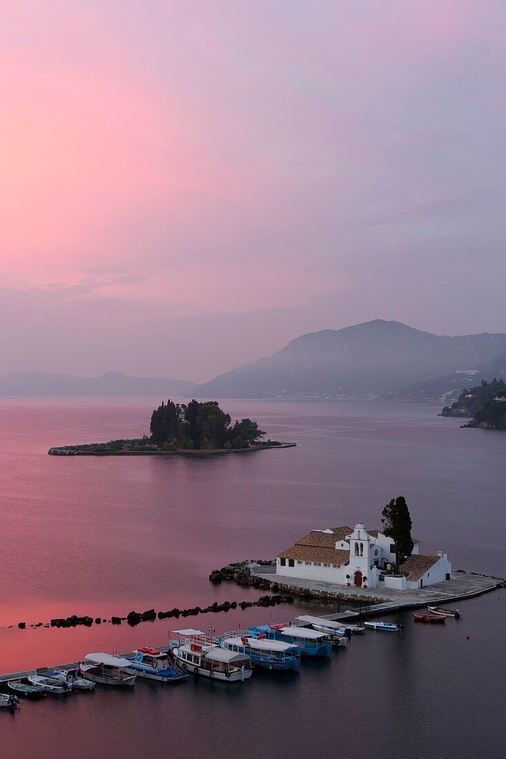 Vlacherna convent with Pontikonissi island at the background Corfu, Greece