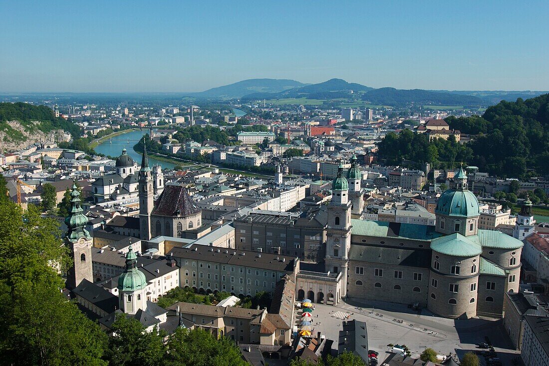 Low aerial view of Salzburg from Hohensalzburg fortress Austria