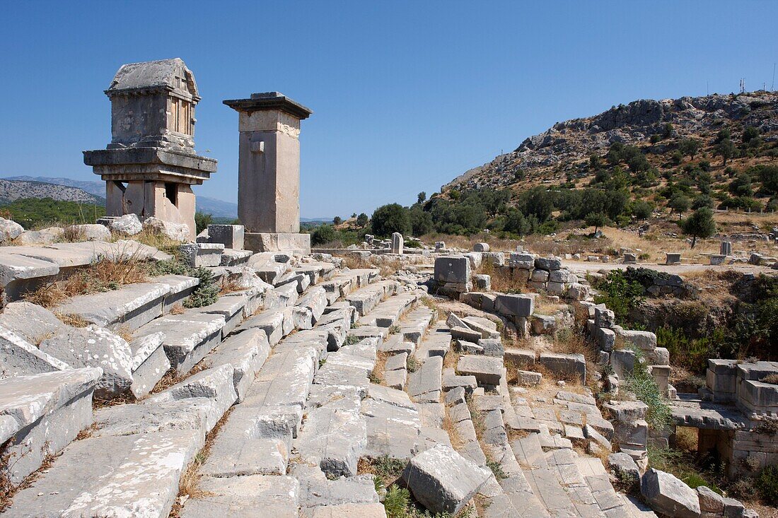 Lycian pillar tombs near Amphitheatre in Xanthos, an ancient Lycian city in the South West of modern Turkey