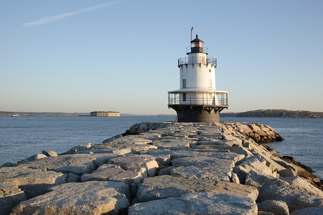 Spring Point Ledge Light at Fort Preble during the winter months Located in South Portland, Maine USA, which is part of the New England seacoast Notes: Spring Point Ledge Light was built in 1897 and is a sparkplug style Lighthouse It is located at the