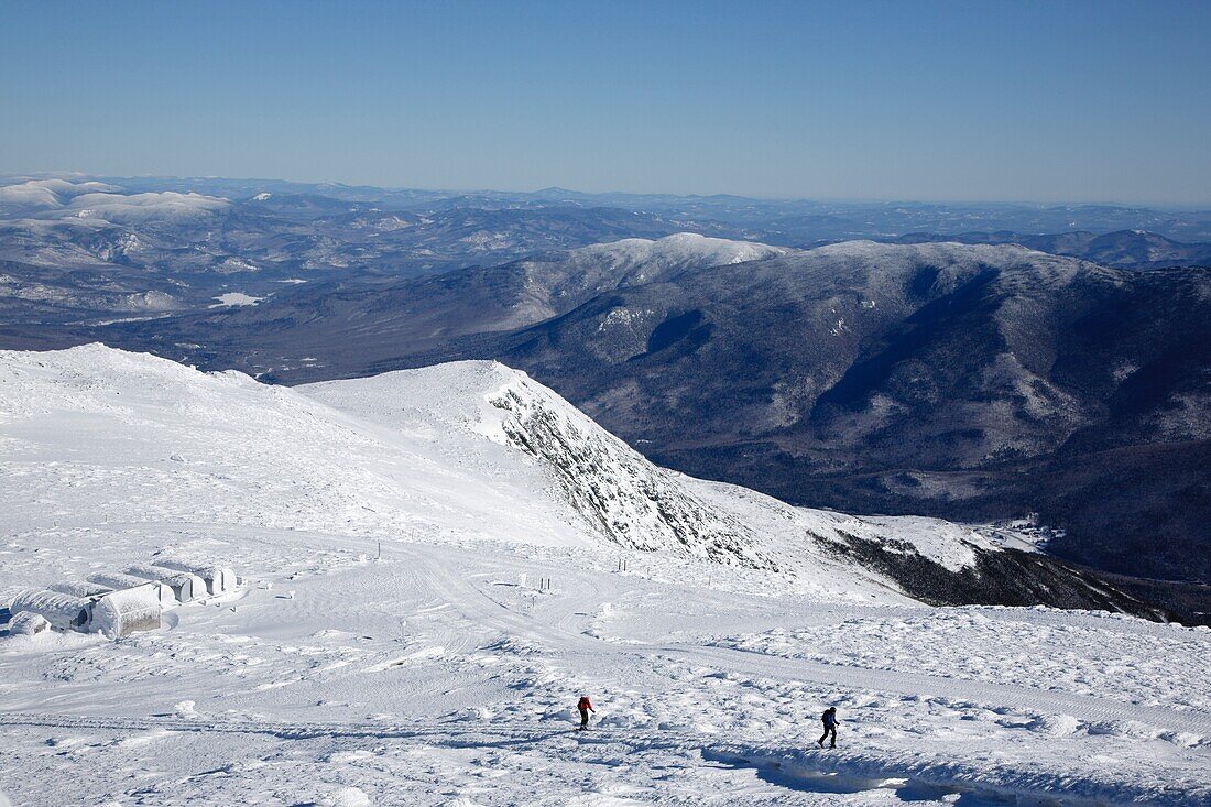 Winter hikers on the summit of Mount Washington during the winter months in the White Mountains, New Hampshire USA