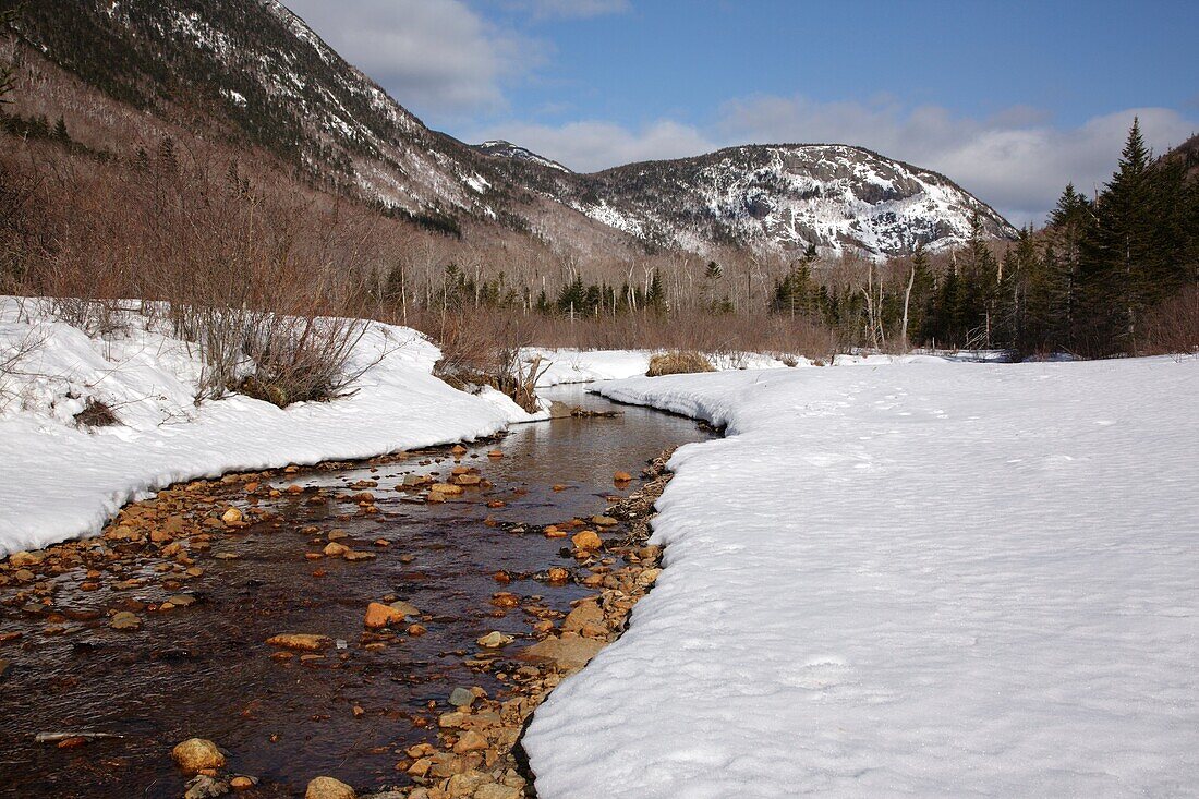 Crawford Notch State Park during the winter months Located in the White Mountains, New Hampshire USA Mount Willard is in the distance