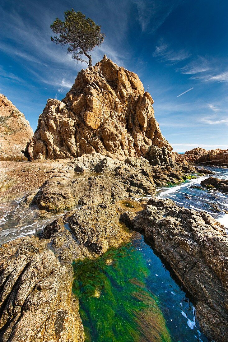 Rocky formation at Playa de Banyeres de Ses Dones Tossa de Mar Costa Brava La Selva Girona Catalunya Spain