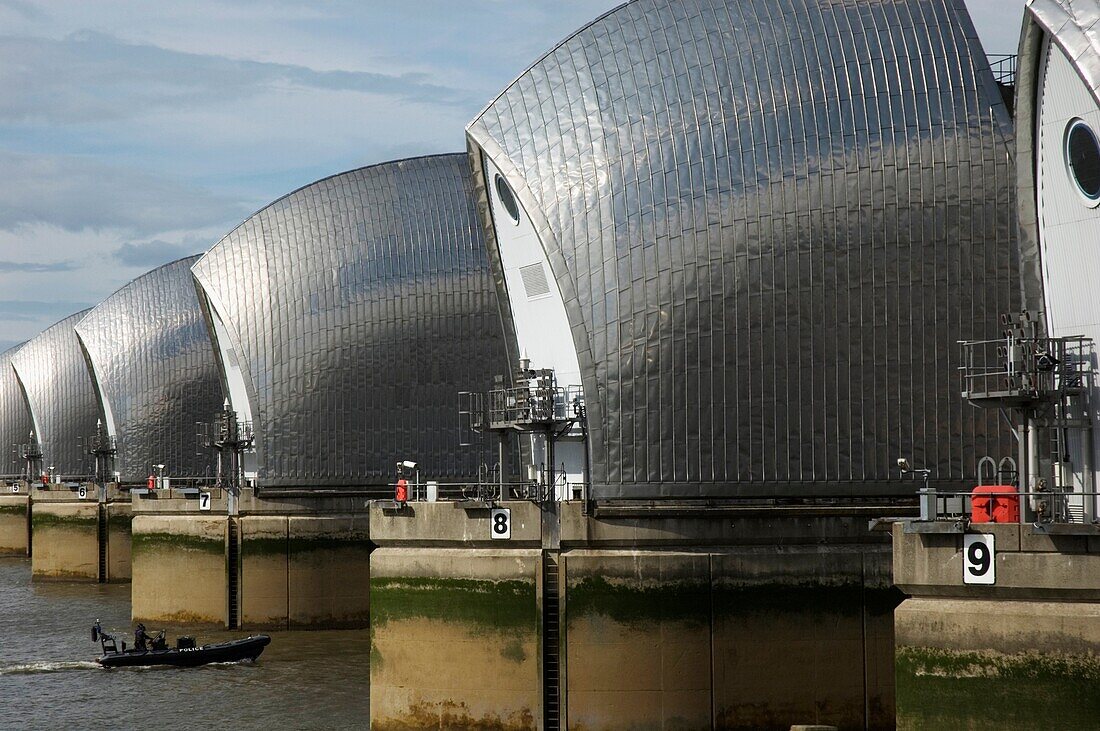 Close-up view of the Thames Barrier flood protection, London, England