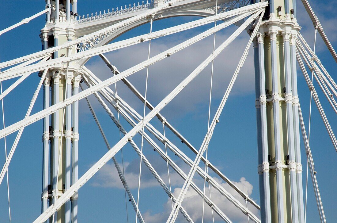 Close-up of girders on the Albert Bridge over the River Thames, Chelsea, London England