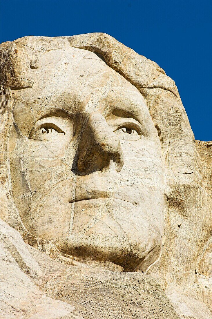 Close up view of Thomas Jefferson at Mount Rushmore National Memorial