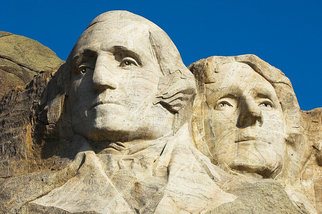 Close up view of George Washington and Thomas Jefferson at Mount Rushmore National Memorial