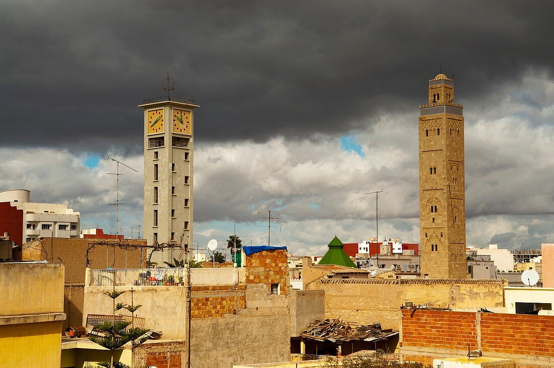 Watchtower, Town Hall and minaret of the mosque of the Municipality, Oujda, Oriental region, Morocco