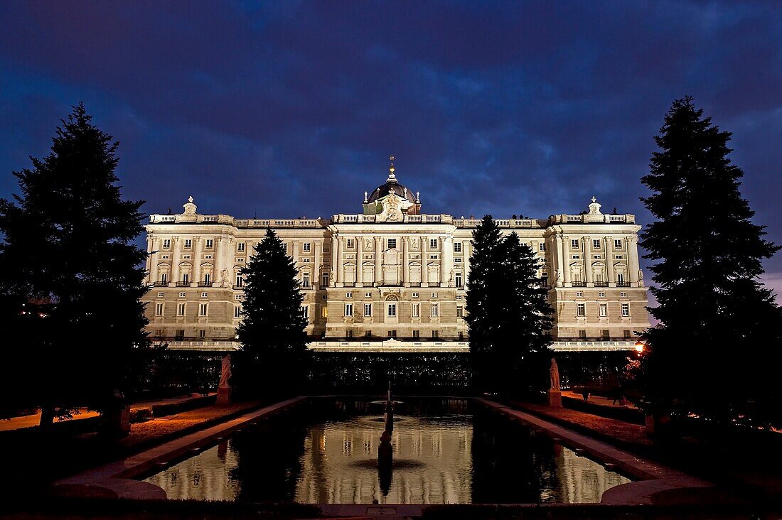 Royal Palace at night seen from the Sabatini Gardens, Madrid, Spain