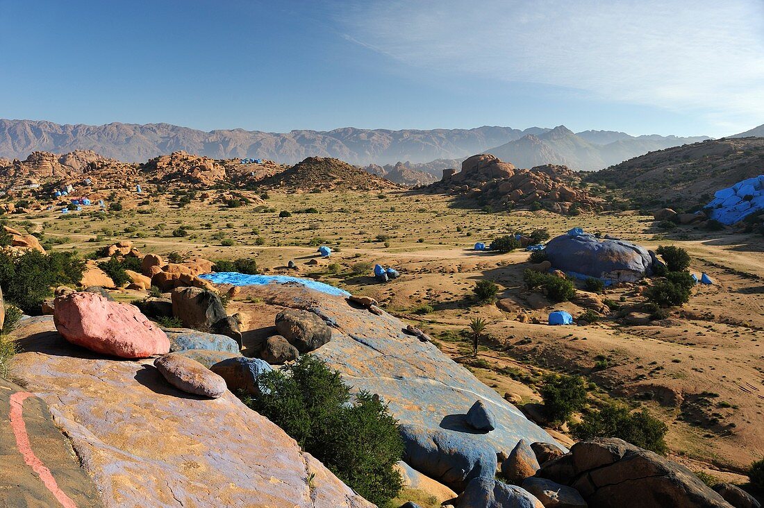 Painting Rocks site, work of the Belgian artist Jean Verame around Tafraout, Anti-Atlas, Morocco, North Africa