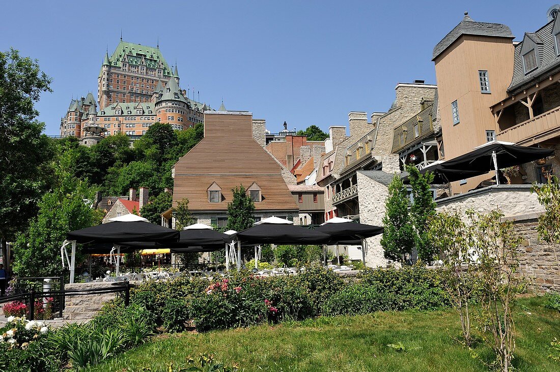 Petit Champlain district with Chateau Frontenac background, Quebec city, Province of Quebec, Canada, North America