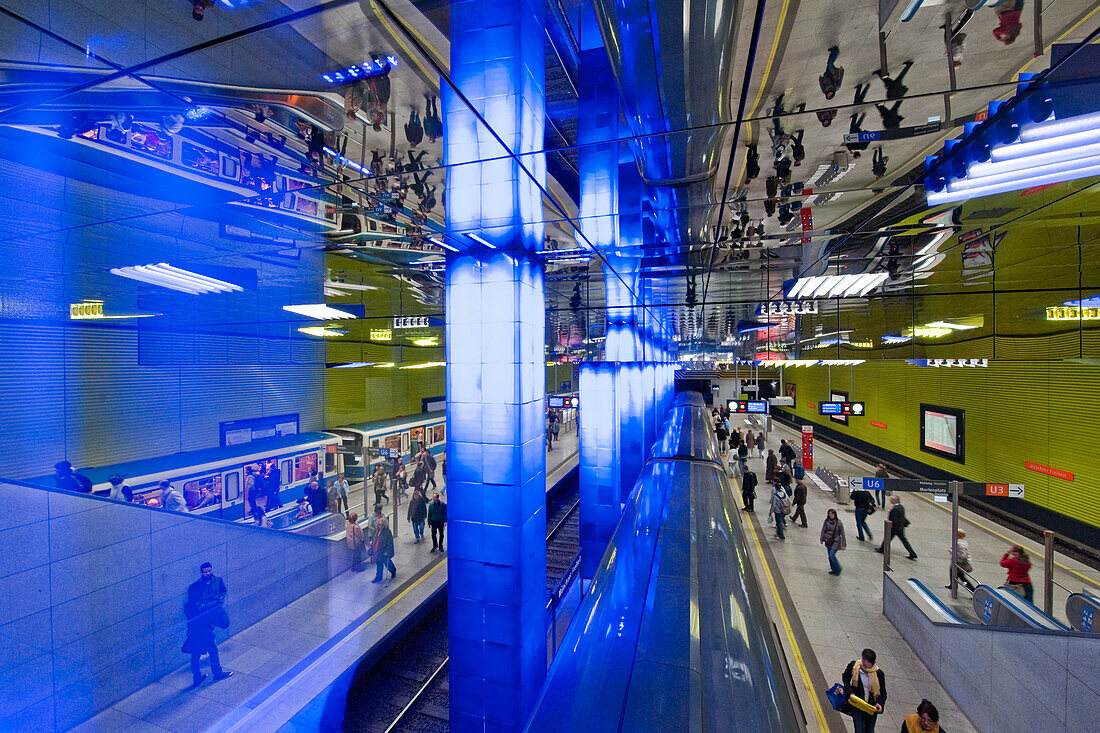 Münchner Freiheit, Light designer Ingo Mauer,  Undeground Station at night, Munich, Upper Bavaria, Bavaria, Germany