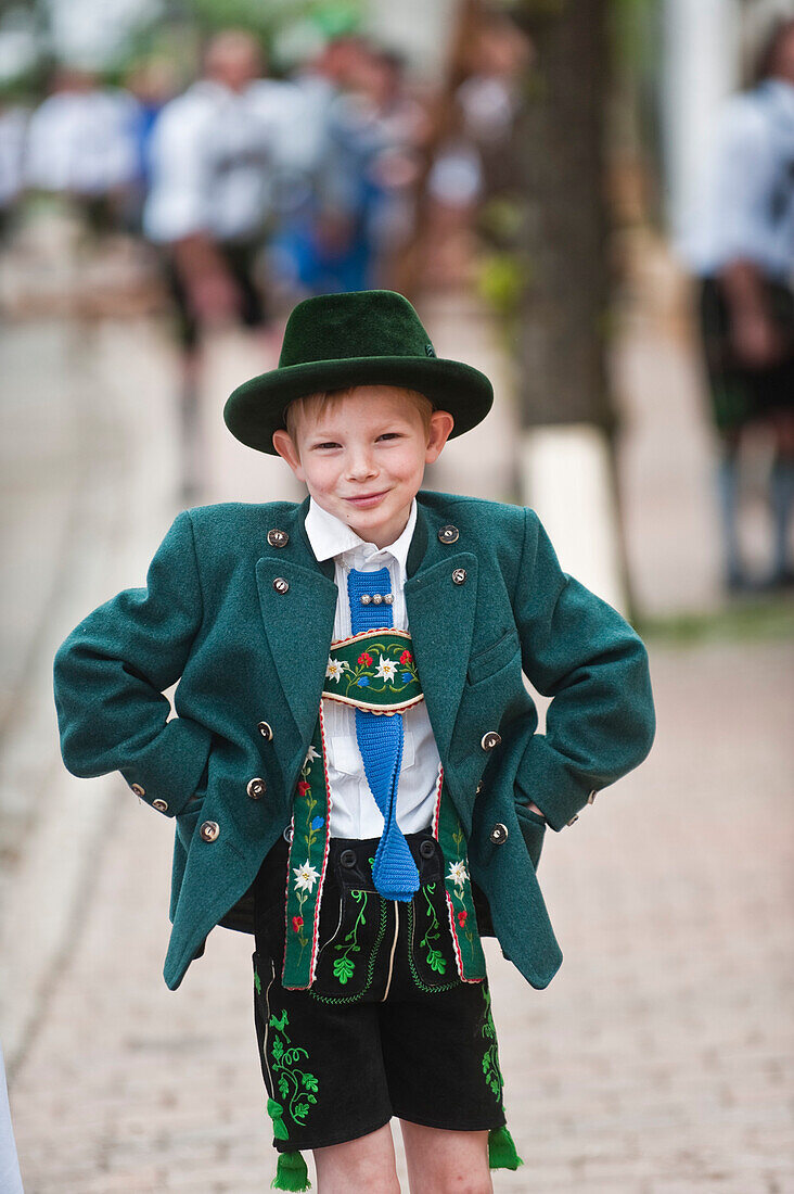 Boy in traditional bavarian clothes, Maypole celebration, Sindelsdorf, Weilheim-Schongau, Bavarian Oberland, Upper Bavaria, Bavaria, Germany