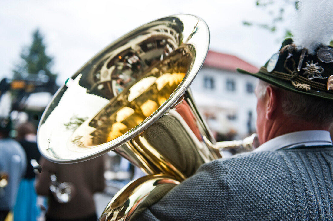 Musician with a tube during the Maypole celebration, Sindelsdorf, Weilheim-Schongau, Bavarian Oberland, Upper Bavaria, Bavaria, Germany