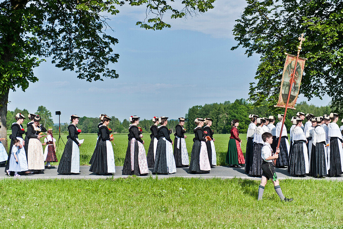 Large group of women in traditional bavarian clothes, Corpus Christi procession,  Benediktbeuern, Alpine foreland, Upper Bavaria, Bavaria, Germany