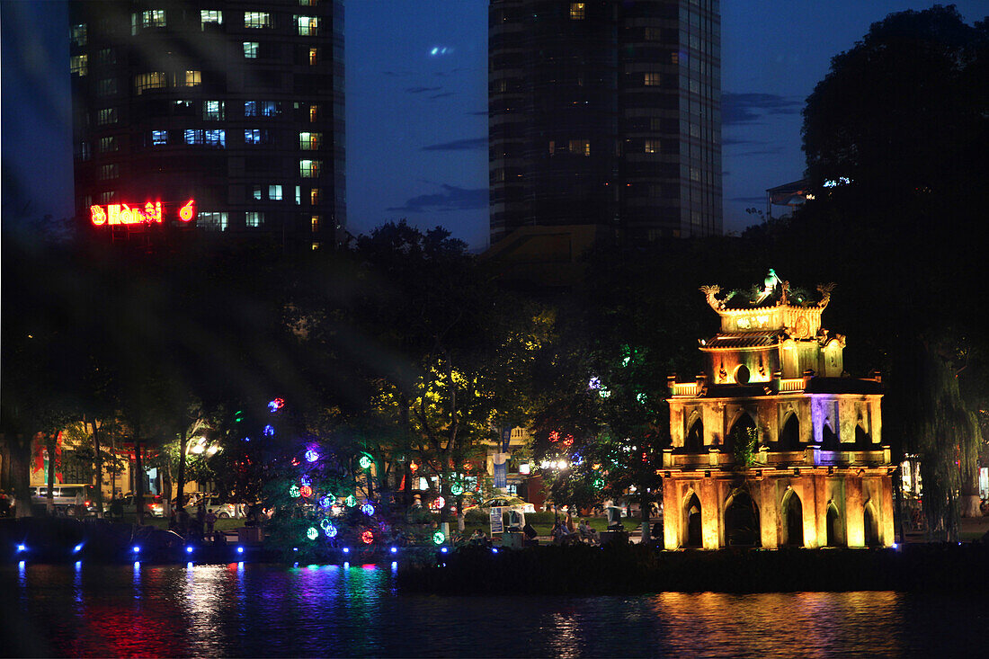 Hoan Kiem Lake with Thap Rua temple at night, Hanoi, Vietnam, Asia