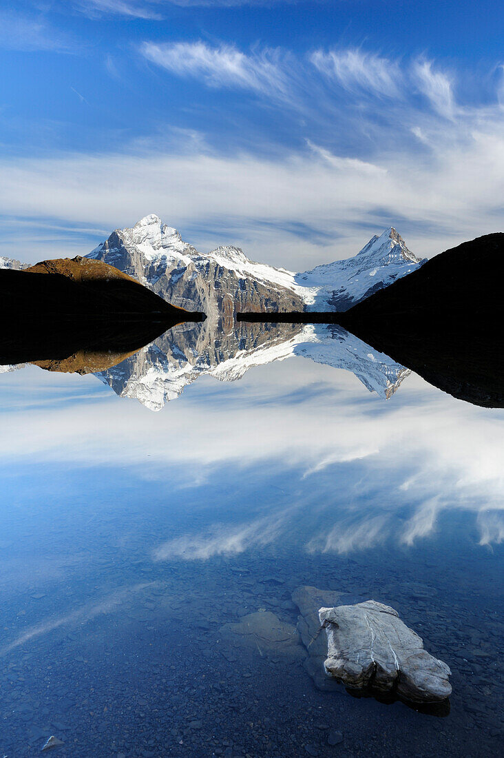 Lake Bachsee with Wetterhorn, Lauteraarhorn and Schreckhorn, Bachsee, Grindelwald, UNESCO World Heritage Site Swiss Alps Jungfrau - Aletsch, Bernese Oberland, Bern, Switzerland, Europe