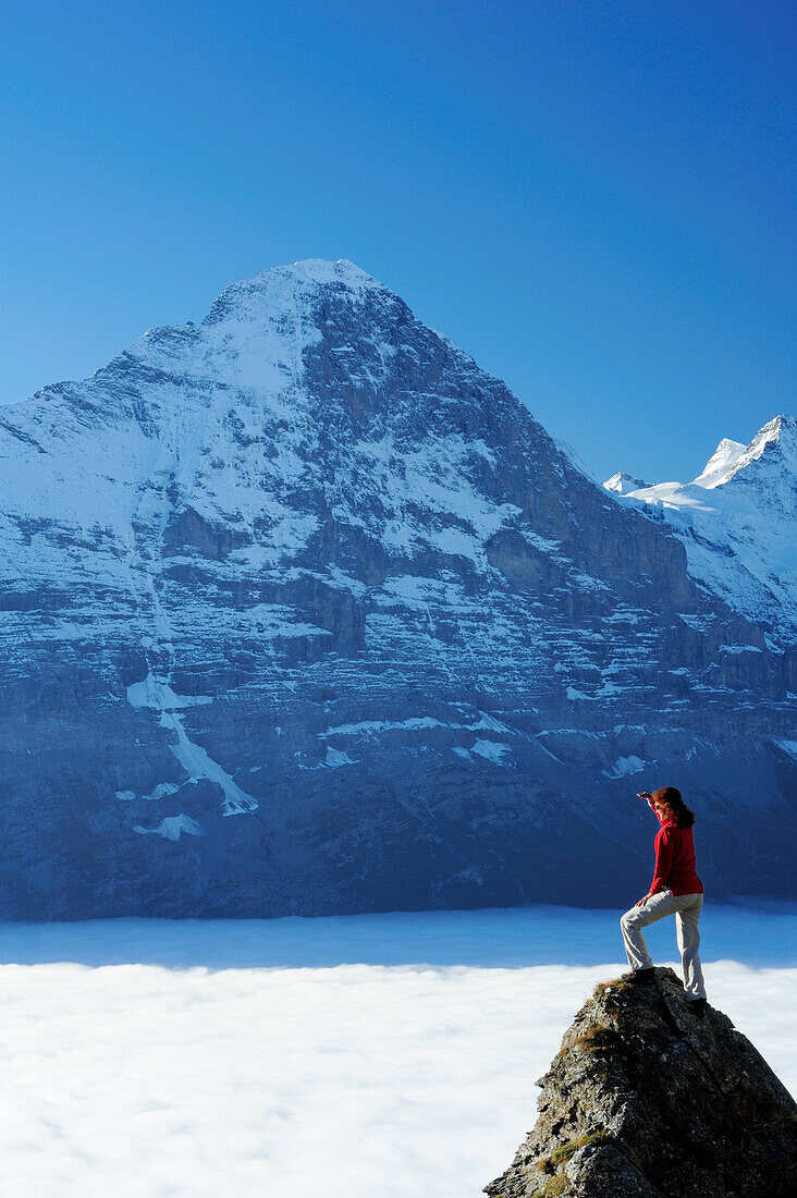 Frau steht auf Felsen und blickt auf Nordwand des Eiger über Nebelmeer, Bussalp, Grindelwald, UNESCO Welterbe Schweizer Alpen Jungfrau - Aletsch, Berner Oberland, Bern, Schweiz, Europa