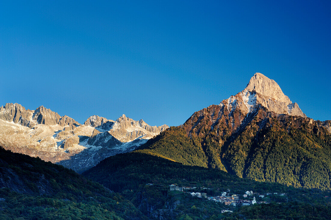 Mountain Piz Badile under blue sky, Val Camonica, UNESCO World Heritage Site Val Camonica, Lombardy, Italy, Europe