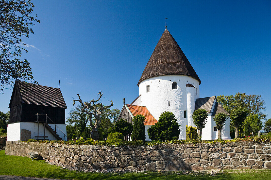 Round church Ols Kirke under blue sky, St. Ols Kirke, Bornholm, Denmark, Europe