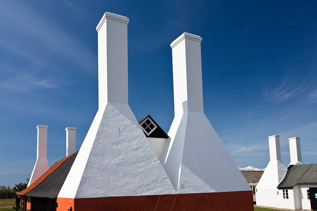 Chimneys of herring smokehouse in the sunlight, museum, Hasle, Bornholm, Denmark, Europe