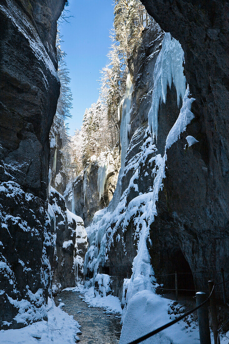 Icicles in Partnachklamm gorge near Garmisch Partenkirchen, Upper Bavaria, Germany, Europe