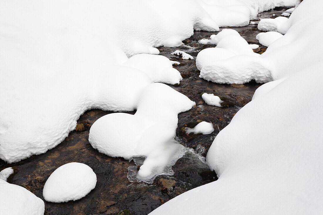 Bachlauf im Winter in tiefem Schnee, Kleine Ohe, Nationalpark Bayerischer Wald, Niederbayern, Deutschland, Europa